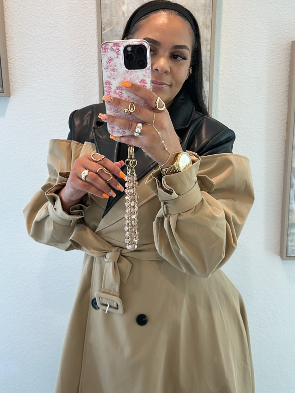 Beige Trench Coat with Black Leather Collar - Women - Picture 4 of 6